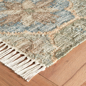 Handwoven Wool & Jute Rug with Blue & Beige Geometric Medallion Pattern – Flatweave