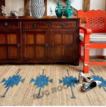 Load image into Gallery viewer, Handwoven Jute &amp; Wool Rug with Teal Tribal Motif – Natural Flatweave Runner
