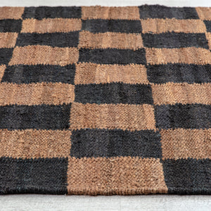 Handwoven Jute & Wool Rug with Checkerboard Pattern in Black & Brown – Flatweave