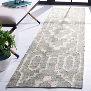 Handwoven Jute & Wool Rug with Geometric Pattern in Light Blue & Ivory – Flatweave