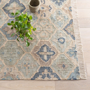 Handwoven Wool & Jute Rug with Blue & Beige Geometric Medallion Pattern – Flatweave