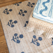 Load image into Gallery viewer, Handwoven Jute &amp; Wool Rug with Floral Pattern in Natural &amp; Navy – Flatweave
