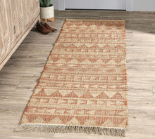 Load image into Gallery viewer, Handwoven Jute &amp; Cotton Rug with Tribal Design in Natural &amp; Terracotta – Flatweave
