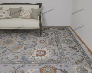 Handcrafted Turkish Oushak | Neutral Silver with Gray, Blue, Gold, and Rust Accents | Muted Modern Area Rug