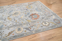 Load image into Gallery viewer, Handcrafted Turkish Oushak | Neutral Silver with Gray, Blue, Gold, and Rust Accents | Muted Modern Area Rug
