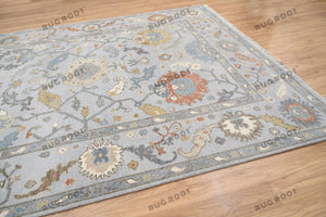 Handcrafted Turkish Oushak | Neutral Silver with Gray, Blue, Gold, and Rust Accents | Muted Modern Area Rug