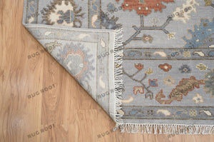 Handcrafted Turkish Oushak | Neutral Silver with Gray, Blue, Gold, and Rust Accents | Muted Modern Area Rug