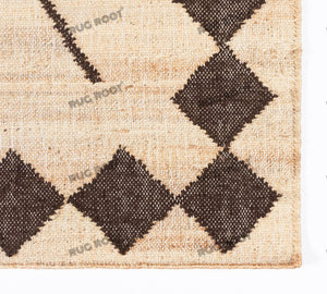 Handwoven Jute & Wool Rug with Tribal Diamond Border Design - Beige & Brown