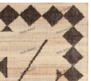 Handwoven Jute & Wool Rug with Tribal Diamond Border Design - Beige & Brown