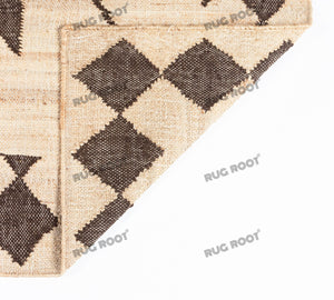 Handwoven Jute & Wool Rug with Tribal Diamond Border Design - Beige & Brown