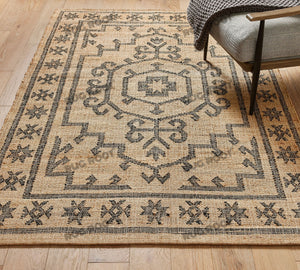 Handwoven Jute & Wool Rug with Vintage Medallion Design - Beige & Charcoal