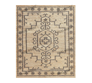 Handwoven Jute & Wool Rug with Vintage Medallion Design - Beige & Charcoal