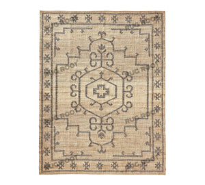 Handwoven Jute & Wool Rug with Vintage Medallion Design - Beige & Charcoal