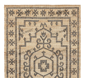 Handwoven Jute & Wool Rug with Vintage Medallion Design - Beige & Charcoal