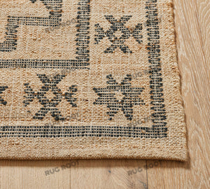 Handwoven Jute & Wool Rug with Vintage Medallion Design - Beige & Charcoal