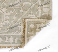 Load image into Gallery viewer, Handwoven Wool &amp; Jute Rug with Intricate Geometric Design in Soft Green &amp; Ivory – Flatweave
