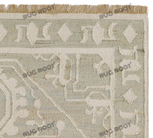 Load image into Gallery viewer, Handwoven Wool &amp; Jute Rug with Intricate Geometric Design in Soft Green &amp; Ivory – Flatweave
