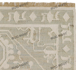 Handwoven Wool & Jute Rug with Intricate Geometric Design in Soft Green & Ivory – Flatweave