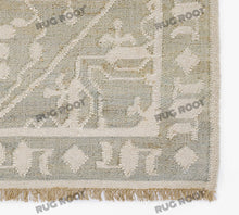 Load image into Gallery viewer, Handwoven Wool &amp; Jute Rug with Intricate Geometric Design in Soft Green &amp; Ivory – Flatweave
