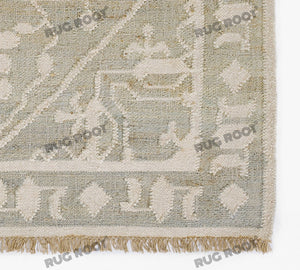 Handwoven Wool & Jute Rug with Intricate Geometric Design in Soft Green & Ivory – Flatweave