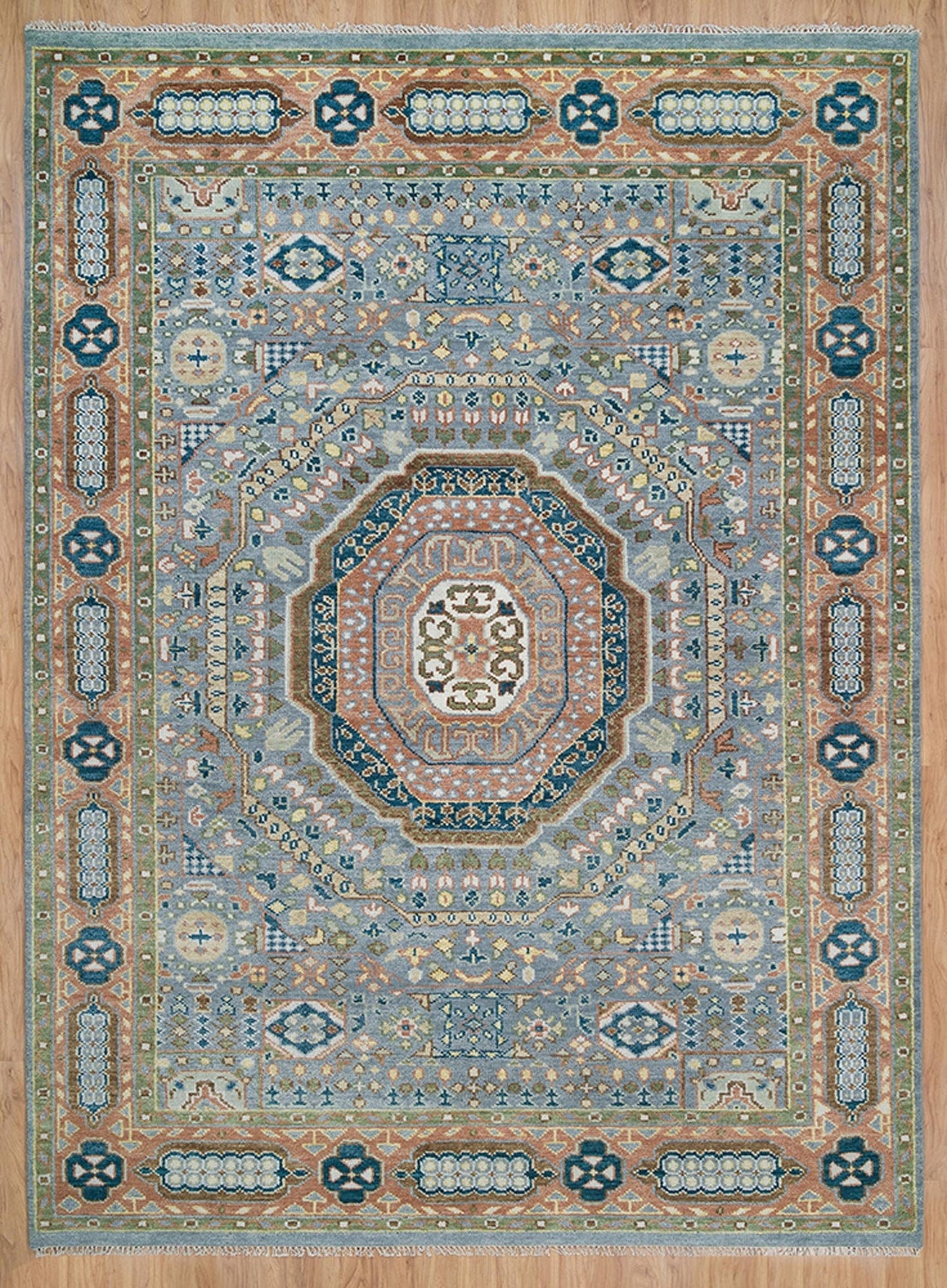 Silver Grey Oriental Rug with Rust Border | Hand-Knotted Design for Spacious Living Rooms