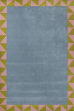 Load image into Gallery viewer, Hand-tufted rug with a rectangular shape, featuring a geometric design with a blue center and a pink and green border. Made from 100% New Zealand wool.
