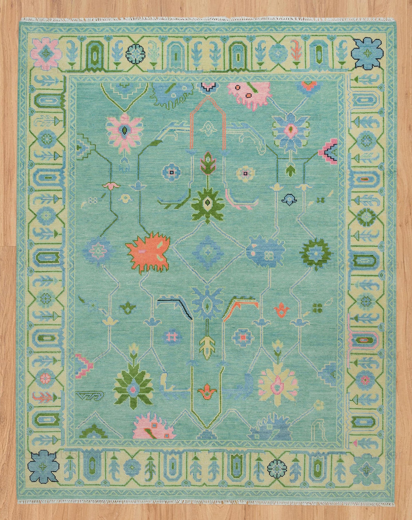 Rug Root Hand-Knotted Aqua Blue Color Oushak Rug - Elegant Floral Design