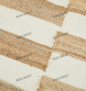 Handwoven Jute & Wool Rug with Striped Checkerboard Pattern - Ivory & Beige