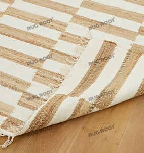 Handwoven Jute & Wool Rug with Striped Checkerboard Pattern - Ivory & Beige