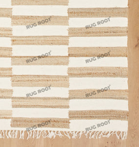 Handwoven Jute & Wool Rug with Striped Checkerboard Pattern - Ivory & Beige