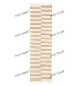 Handwoven Jute & Wool Rug with Striped Checkerboard Pattern - Ivory & Beige