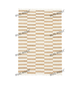 Handwoven Jute & Wool Rug with Striped Checkerboard Pattern - Ivory & Beige