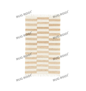 Handwoven Jute & Wool Rug with Striped Checkerboard Pattern - Ivory & Beige