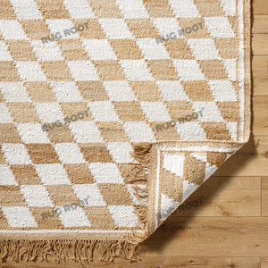 Handwoven Jute & Cotton Rug – Natural & White Diamond Checkered Pattern with Fringe