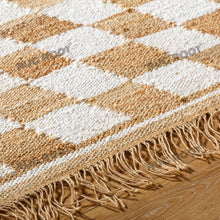 Load image into Gallery viewer, Handwoven Jute &amp; Cotton Rug – Natural &amp; White Diamond Checkered Pattern with Fringe
