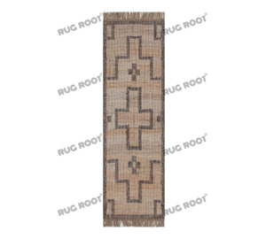 Handwoven Jute & Wool Rug with Southwestern Cross Pattern - Beige & Charcoal