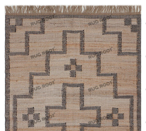 Handwoven Jute & Wool Rug with Southwestern Cross Pattern - Beige & Charcoal