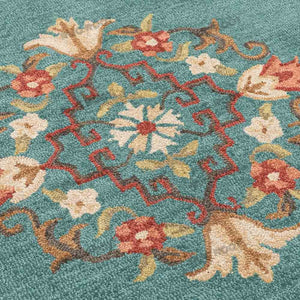 Vintage Hand Tufted Rug Medallion Floral Classic Design Teal Color 9x12