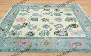 Ivory Elegance | Handwoven Oushak Rug with Baby Blue Accents