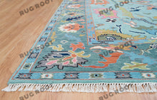 Load image into Gallery viewer, Jewel-Toned Oasis | Handwoven Oushak Rug in Teal with Green, Orange &amp; Pink Accents | Wool
