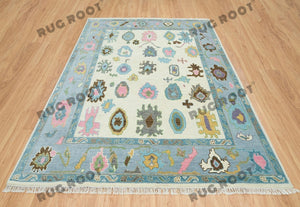 Ivory Elegance | Handwoven Oushak Rug with Baby Blue Accents