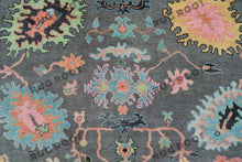 Load image into Gallery viewer, Midnight Garden | Handwoven Dark Grey &amp; Blue Oushak Rug with Pink &amp; Green Accents | Wool, Bedroom
