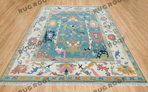 Azure Bloom | Handwoven Turkish Oushak Rug with Teal Blue & Cream Accents | Floral