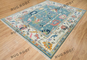 Azure Bloom | Handwoven Turkish Oushak Rug with Teal Blue & Cream Accents | Floral