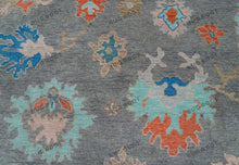 Load image into Gallery viewer, Blue And Gray Hand Knotted Oushak Rug, Colorful Turkish Carpet with Baby Pink And Orange Accents
