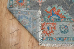 Blue And Gray Hand Knotted Oushak Rug, Colorful Turkish Carpet with Baby Pink And Orange Accents