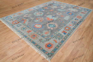 Blue And Gray Hand Knotted Oushak Rug, Colorful Turkish Carpet with Baby Pink And Orange Accents