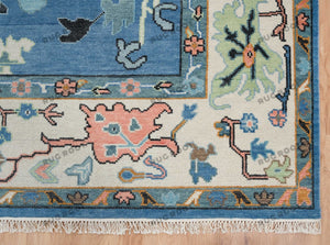 Woven Art | Hand-Knotted Oushak Rug with a Modern Twist in Blue-Green with Orange Accents