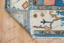 Load image into Gallery viewer, Woven Art | Hand-Knotted Oushak Rug with a Modern Twist in Blue-Green with Orange Accents

