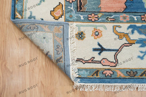 Woven Art | Hand-Knotted Oushak Rug with a Modern Twist in Blue-Green with Orange Accents